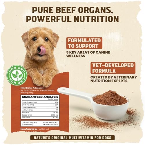 Alpha Organ Blend for Dogs - Grass Fed Beef Liver Heart Kidney Pancreas Spleen Powder - Freeze Dried Dog Vitamin Minerals for Immunity Joints Skin Coat