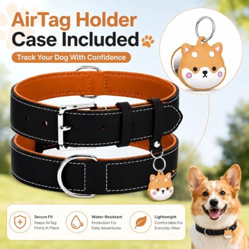 Genuine Leather Dog Collar, Soft Padded Leather Dog Collars with Airtag Holder Case for Small Medium Large X-Large Dogs,Comfort Heavy Duty Pet Collar with Durable Metal Buckle & D-Ring-Black/XS