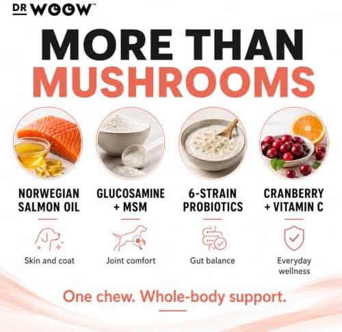 Dr. Woow Turkey Tail Mushroom for Dogs | Immune Support Dog Supplements | Natural Soft Chews w/ 7 Mushroom Blend & 6 Probiotic Strain for Dog Joint Support, Gut Health, & Overall Wellness | 120 Chews
