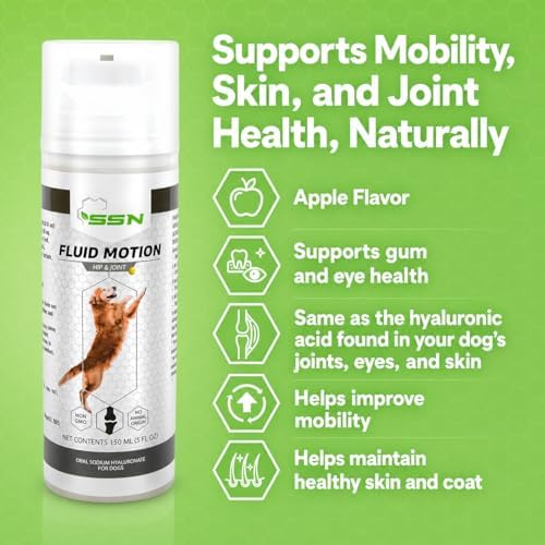 Fluid Motion - Hip & Joint Support for Dogs - Liquid Hyaluronic Acid - Joint Mobility, Skin, & Coat Supplement for Senior Dogs - Apple Flavor - Glucosamine Alternative (30-60+ Day Supply)