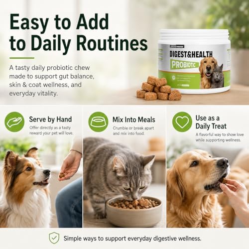 Probiotic Chews for Dogs & Cats Digestive & Gut Health Support, Help Your Pets Skin Coat & Immune Support, 5-Strain Blend, Prebiotics & Enzymes, Pumpkin, Papaya, Chicken Flavor, 100 Count