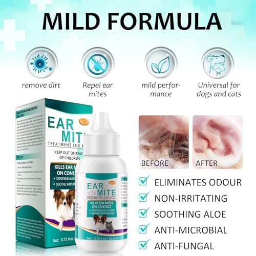 Ear Mite Treatment for Dogs, Dog Ear Infection Treatment, Dog Ear Drops for Itchy Ears Relief, Ear Care for Dogs and Cats, Safe for Pets 1 Pack