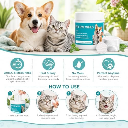 Wanban 2Pcs Eye Defense Wipes, Tear Stain Remover for Pet,Gentle Eye Wipes for Dogs,Keeps Your Dog’s Eyes Clean, Daily Eye Cleaning Wipes for Dogs and Cats, Each Box 100 Wipes