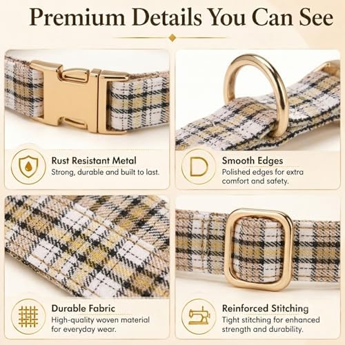 Soft Cotton Dog Collar Classic Plaid Pet Collars with Metal Clasp for Small Dogs with Sensitive Skin, Creamy Countryside
