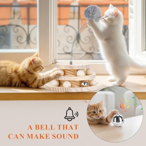 Cat Toy Track Ball with Bell Teaser Wand - Double-Layer Tower Roller, Interactive Wooden Cat Toy for Mental & Physical Exercise, Double Fun for Kittens & Cats