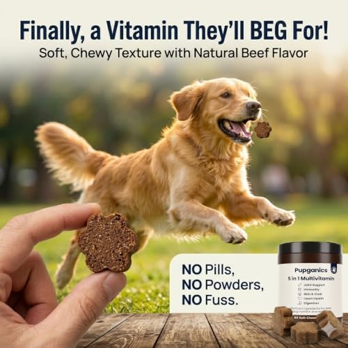 Pupganics Multivitamin Daily Soft Chews for Dogs, 5 in 1 multivitamin for Hip & Joint, Heart Health, Skin & Coat, Digestion & Immune Support, with Probiotics, Glucosamine, Vitamin A/D3/E (Beef)