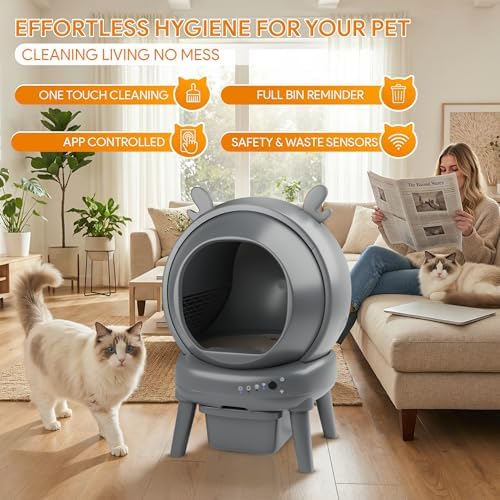 Automatic Cat Litter Box with App Control - Automatic Litter Box Self Cleaning for Multiple Cats, Health Tracking & Weight Sensor, Ultra Quiet, Odor Control, Large Capacity, Dark Grey