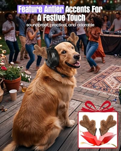 Dog Noise Cancelling Ear Muffs, Dog Ear Muffs for Fireworks with 2 Pairs Calming Pads & Antlers, Sound Proof for Noise Anxiety Thunder, Pet Hearing Protection Gift for Medium Large Dogs