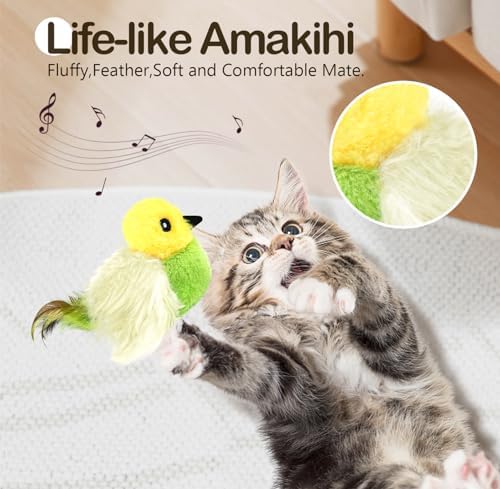 Migipaws Cat Toys,Interactive Lifelike Amakihi Flying Flapping Bird with Catnip, Feathers Hanging by Elastic String, Automatic Chirping Kitten Toys for Indoor Cats Self Play, Rechargeable(Green)