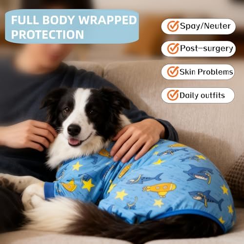 Recovery Suit for Dogs Full Zipper, Four-Legged Onesie Dog Recovery Suit After Surgery, Cute Soft Bodysuit Cone Alternative Male Female Dog Neuter Anti Licking Wounds, Ocean, 2X-Large