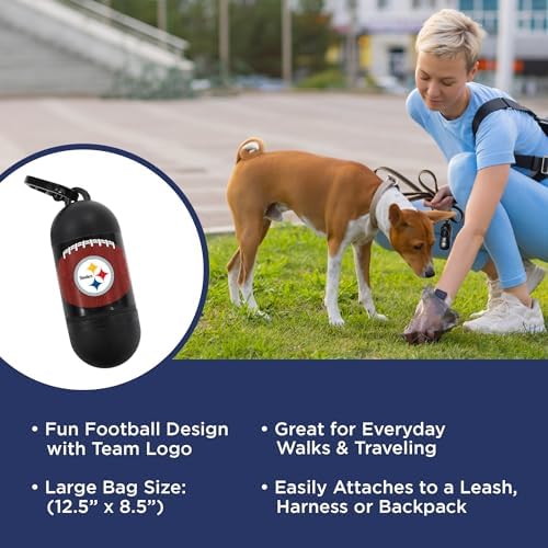 Pets First NFL PITTSBURGH STEELERS PET LICENSED Poop Waste Bag Dispenser and D Ring for Leash with 45 Premium Garbage Bags