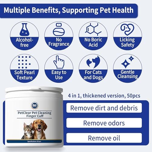 Cleaning Finger Wipes for Dogs and Cats, 4 in 1 Pet Finger Wipes, Cleaning, Soothing, Decodorizing Teeth, Ears, Eyes, Chin, Removes Dirt and Odors, Non Irritating, 50 Pcs (3 Count)