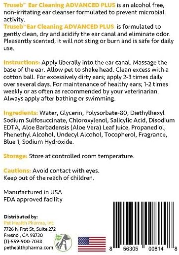 Truseb | Ear Cleaner Flush Advanced Plus Solution Formula for Cats and Dogs, Washes Away Dirt and Debris and Helps Prevent Infections, Cleaning + Drying (ADVANCED+ Ear Cleansing Flush, 16 Oz)