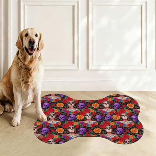 Dog Mexican Rose Sugar Skull Floral Women Day of The Dead Art Food Mat