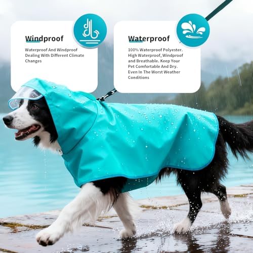 Dog Raincoat,Dog Rain Jacket Poncho with Hood and Leash Hole(Blue,L)