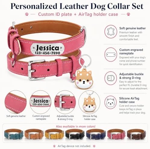 Personalized Leather Dog Collar with AirTag Holder Case, Custom Engraved Nameplate Dog Collar, Adjustable Genuine Leather Soft Padded Dog ID Collar for X-Small Small Medium Large X-Large Dogs-Pink-L