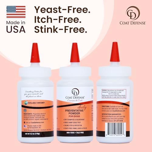 COAT DEFENSE Daily Preventative Powder | Made in USA | 4.2oz Precision Point Waterless Dog Shampoo & Pet Deodorizer for Smelly Dogs | Provides Anti Itch Relief | Dog Dry Shampoo for Dry Itchy Skin