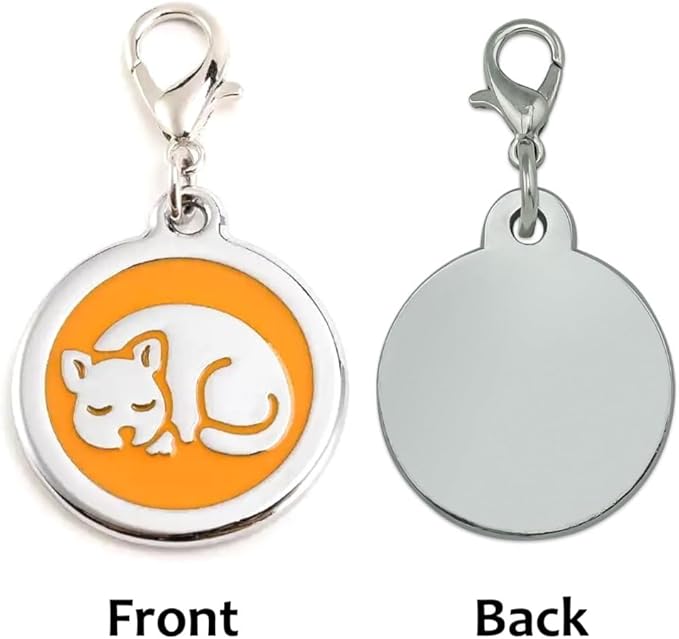 Personalized Pet ID Tags with Lobster Claw Clasp for Kittens and Cats - Small pet Tags for Cats, cat Name Tags for Collar, Custom cat id tag (Sleeping-Round-Small: Orange)