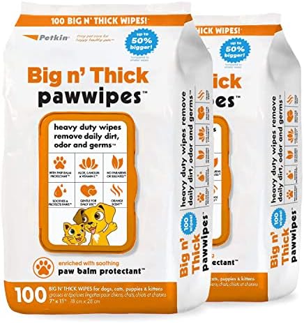 Petkin Big N' Thick Paw Wipes for Dogs, 200 Large Wipes - Clean Dirty Paws After Walks, with Paw Balm Protectant - Keep Floors and Furniture Clean - Ideal for Home or Travel - 2 Packs of 100 Wipes