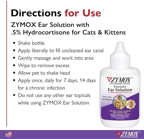 Zymox Enzymatic Ear Solution with 0.5% Hydrocortisone for Cats & Kittens, 1.25 oz. – Cleans & Refreshes Ear Canal for Relief from Wax, Dirt Buildup, Itchiness, Irritation, Inflammation & Redness