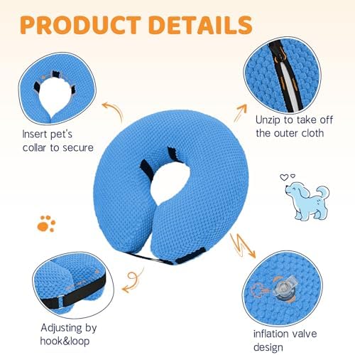 Supet Inflatable Dog Cone Collar for Dogs to Stop Licking, Dog Donut Collar After Surgery, Soft Pet Cone for Small Medium Large Dogs Blue 02 L