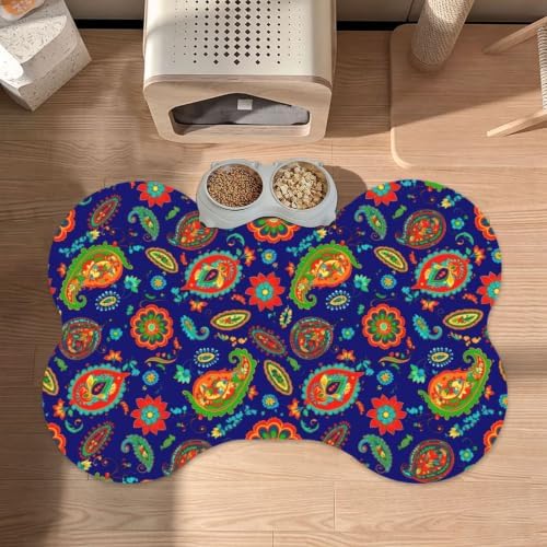 Bone Shaped Pet Food Mat for Floors (Tropical Paisley)