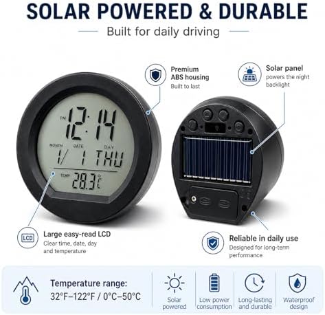 Car Digital Thermometer Clock, Solar-Powered Auto Dashboard Adhesive LCD Display Watch, Backlight at Night Fahrenheit Temperature 12 Hour Format Time Clock for Car Truck SUV