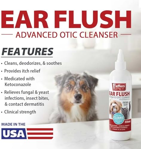 Jeffers Ear Flush for Dogs, Cats & Puppies, 8 oz - Otic Ear Cleanser Solution with 0.2% Ketoconazole, Aloe Vera & Calendula, Gentle Ear Wash for Pet Hygiene, Grooming, Wax & Debris Cleaning