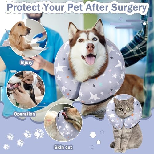 Recovery Donut Collar for Dogs & Cat,Inflatable Dog Cone Collar Alternative After Surgery,Soft Cone for Large Medium Small Dog,Adjustable Pet Neck Donut(Grey Star,Small