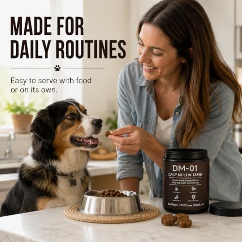 DM-01 Daily Multivitamin for Dogs,12-in-1Soft Chews with Probiotics,Salmon Oil,Glucosamine & MSM,500 Million CFU Digestive Support,Skin & Coat and Joint Wellness,Beef Flavor Dog Vitamins,60 Chews