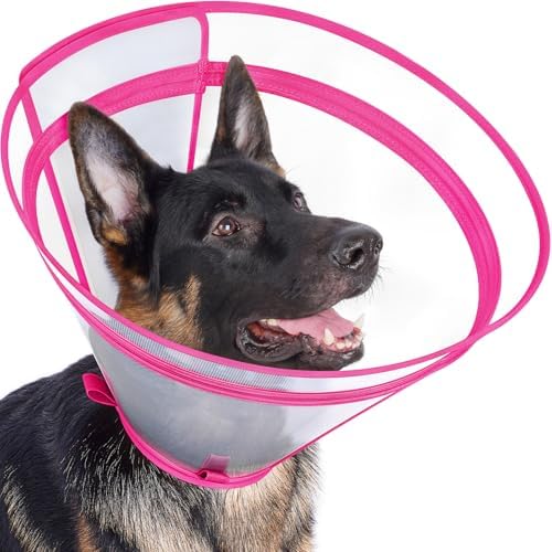 Dog Cone to Stop Licking, Clear Recovery Collar with Detachable Zipper, Sturdy Elizabethan Collar for Large Medium Small Dogs, Soft Adjustable Cone After Surgery Patented, Hot Pink S