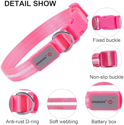 CHUKCHI LED Dog Collar Rechargeable,Waterproof Flashing Collar,Light Up Glow Collar, Adjustable Soft Safety Light Up for Small Medium Large Dogs Walking Camping at Night (Pink-L)