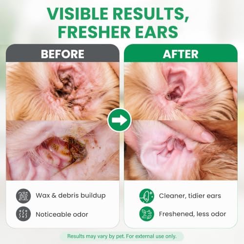 Dog Ear Cleaner & Cat Ear Wash with Flexible Silicone Tip, Gentle Deep Cleaning Solution for Ear Wax, Dirt & Odor, Aloe Vera Pet Ear Care Formula, Safe Daily Ear Hygiene, 4.05oz