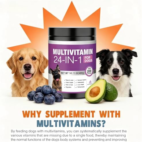 24-in-1 Dog Vitamins and Supplements, Dog Multivitamin Chewable with Glucosamine, Chondroitin, Probiotics & Omega 3 for Skin and Coat, Hip and Joint, Gut and Immune Support, 200 Chews