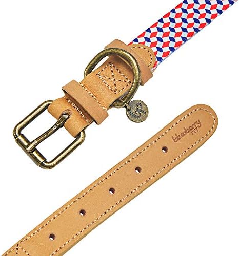Blueberry Pet Multicolor Geometric Squares Genuine Full Grain Leather & Polyester Combo Adjustable Dog Collar, Medium, Neck 15"-18"