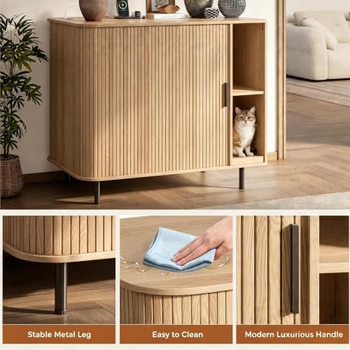 Cat Litter Box Enclosure, 31.8" Kitty Hidden Litter Box Furniture with Scratch Pad, Modern Indoor Cat House, Sliding Door, Adjustable Shelf for Dog Proof, Natural