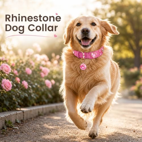 Rhinestone Dog Collar with QR ID Tag, Ostrich-Embossed, Pink, L | Crystal Dog Collar with Ostrich-Embossed Texture, Adjustable Waterproof Fit and QR Scan Pet ID for Stylish Daily Wear