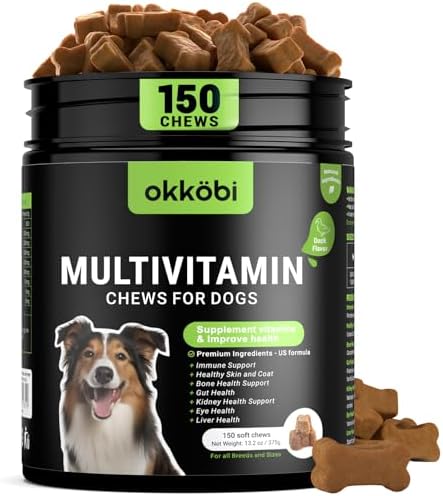 Dog Vitamins and Supplements - 150 Dog Multivitamin Chewable - Immune, Joint Support, Skin, Gut Health + Packed with Omega 3s, Glucosamine & Probiotics - Safe for Puppy - Duck