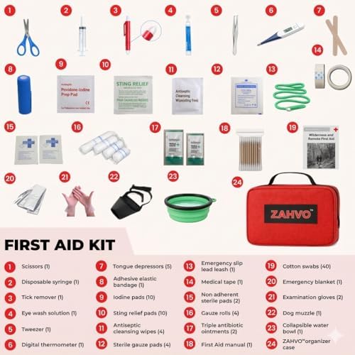 Pet First Aid Kit for Dogs & Cats – 90+ Emergency Supplies | Tick Remover, Thermometer, Muzzle, Slip Leash, Collapsible Bowl & First Aid Manual | Home, Car, Camping & Travel