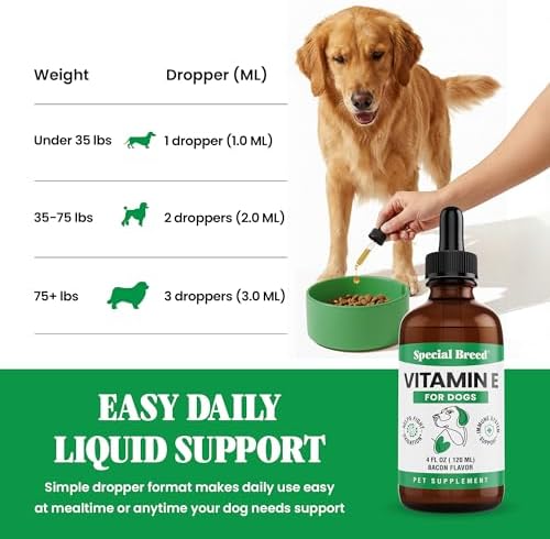 Vitamin E for Dogs Liquid 250 IU - Vitamin E Oil for Dogs Skin and Coat Support - Dog Immune Support Antioxidant Supplement - Bacon Flavor - 120 Servings - 4 oz