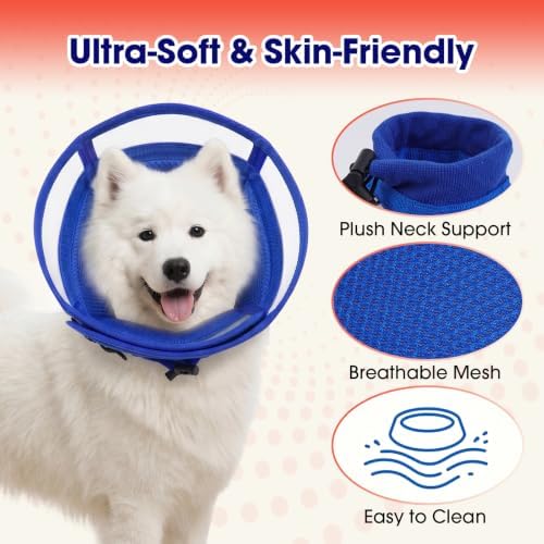 Soft Dog Recovery Cone Collar – Adjustable Transparent E-Collar Alternative for Large Dogs After Surgery | Anti-Lick, Soft Padded Neck, Comfortable Pet Recovery Cone for Eating & Sleeping, XL