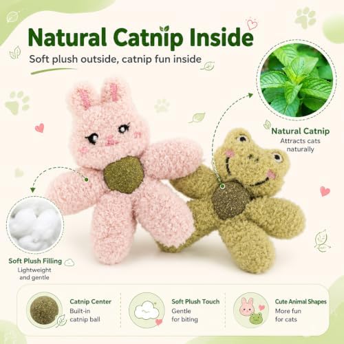 Plush Catnip Toys for Indoor Cats, Interactive Kitten Chew Toys for Teething & Dental Care, Durable Nylon Animal Shape Kicker Toy with Natural Catnip Ball for Boredom Relief (Bear)