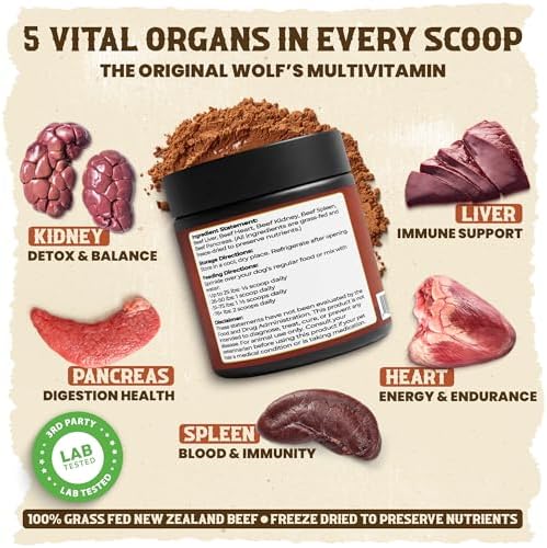 Alpha Organ Blend for Dogs - Grass Fed Beef Liver Heart Kidney Pancreas Spleen Powder - Freeze Dried Dog Vitamin Minerals for Immunity Joints Skin Coat