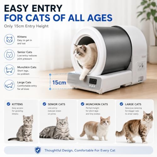 Stainless Steel Self-Cleaning Cat Litter Box, Automatic Cat Litter Box with Safety Sensors, Odor Control, APP Monitoring, Low Entry Design, Large Capacity for Multiple Cats