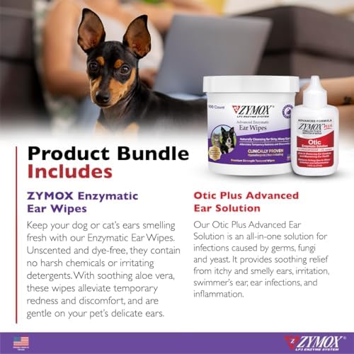 Zymox Enzymatic Ear Wipes and Otic Plus Advanced Ear Solution for Dogs and Cats - Product Bundle - for Dirty, Waxy, Smelly Ears and to Soothe Ear Infections, 100 Count Wipes and 1.25oz Bottle