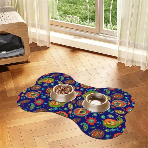 Bone Shaped Pet Food Mat for Floors (Tropical Paisley)