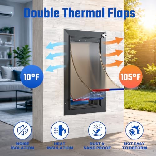 Cat Door for Wall, All Aluminum Doggy Doggie Pet Door Small Dog Door, With Closing Panel, 2 Magnetic Flaps Energy Efficient, Wide Telescoping Tunnel for Interior & Exterior Wall, Pets Up to 22Lb Black