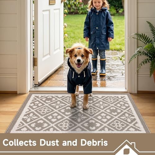 Ileading Indoor Door Mat 3x5ft, Absorbent Muddy Mats for Dogs, Low-Profile Entrance Large Welcome Mat with Non-Slip Rubber Backing, Washable Runner Carpet for Hallway,Entryway,Kitchen(Beige)