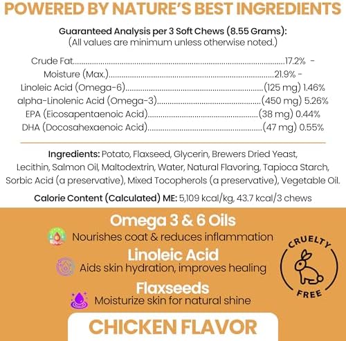 Salmon Oil for Dogs -60 Soft Chew Omega Treats Skin and Coat Supplement for Dogs -Fish Oil Blend of Fatty Acids, Omega 3 and 6, Vitamins, Antioxidants, Minerals -Made in USA