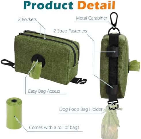 PetBonus Dog Poop Bag Holder, Portable Pet Waste Bag Dispenser, 2 Pouches for Treats and Walking Accessories, Fit All Leashes, Includes 1 Roll of Dog Poop Bags (Army Green)